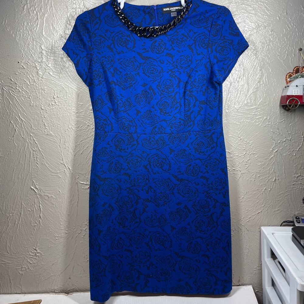 Karl Lagerfeld Paris Blue Necklace Neckline Rose Floral Bodycon Dress Womens 12